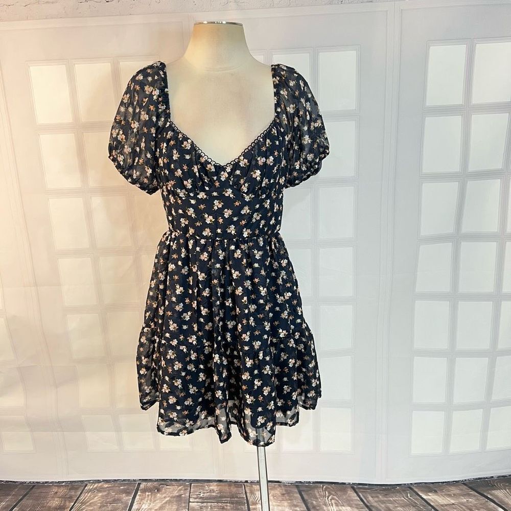 Trixxi Francesca's Willa Floral Puff Sleeve Mini Dress Navy Blue Large NWT